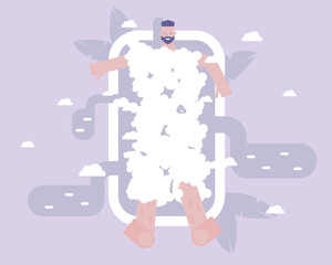 Man chills in the bathroom. Foam and rubber duck. Rest and relaxation after a day's work.  Vector illustration for telework, remote working and freelancing, business, start up, social media and blog

