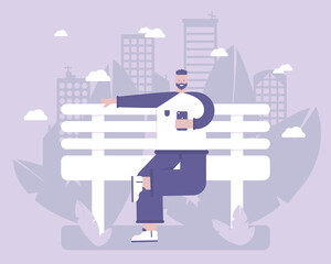 Man sit in park and use mobile phone. Social life in nature. Vector illustration for telework, remote working and freelancing, business, start up, social media and blog
