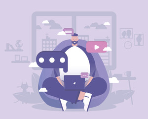A man works at home online in his computer. Vector illustration with Web communication idea for telework, remote working and freelancing concept
