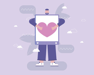 Man attracts likes to new social media post. Vector illustration with  for telework, remote working and freelancing concept, business, start u
