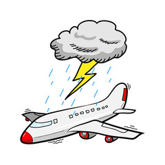 Airplane flying through bad weather and thunderstorm, passenger airplane in turbulence during storm.