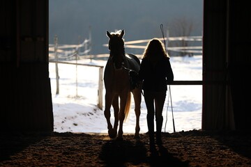 Unknown rider with a saddle horse on frozen winter day in riding hall