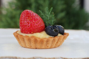 The blueberry and strawberry tart on the white dish.