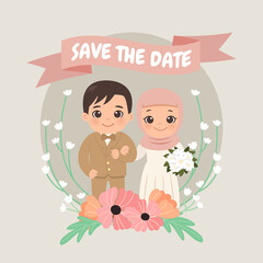 Cute moslem wedding bridal couple with ribbon banner save the date decorated with flowers.