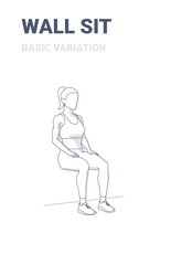Wall Sit Female Home Workout Exercise Guide Outline Sport Concept Illustration.