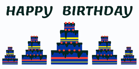 Happy birthday banner. Vector illustration with text, cakes on a white solid background. Suitable for social media, mobile apps, marketing materials.