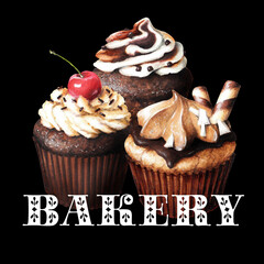 Sketch of muffins beautiful and delicious pastries picture Collage on a black background with the inscription 1