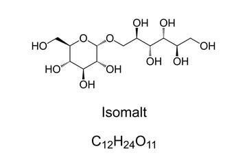 Isomalt, chemical formula and skeletal structure. A sugar substitute and a type of sugar alcohol. Widely used for production of sugar-free candy. Isolated illustration on white background. Vector.