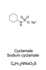 Cyclamate, sodium cyclamate, chemical formula and skeletal structure. Artificial sweetener with code 952. 30 to 50 times sweeter than table sugar. Isolated illustration on white background. Vector.