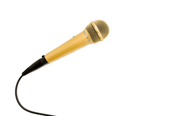 Golden microphone with cable on white background.