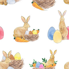 watercolor easter seamless pattern, rabbit eggs tractor truck vegetables