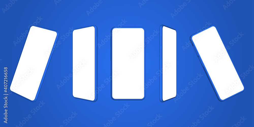 Poster mock up of a mobile smartphone with perspective views from different angles.