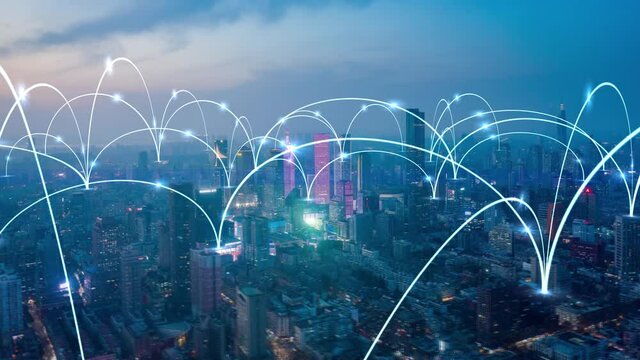 smart Connected city skyline. Futuristic network concept, city Technology.