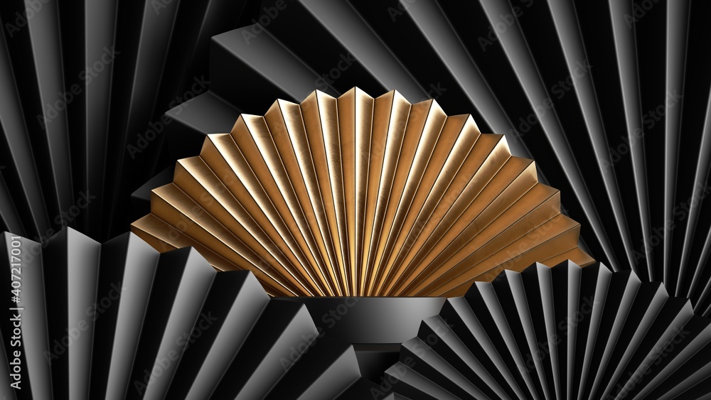 Poster 3d render, abstract background with black and gold fans and empty podium. modern showcase for produc