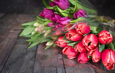 Bunch of fresh red and purple tulips on wooden vintage planks in front of gray concrete wall. Spring background for motherday and easter with space for text.