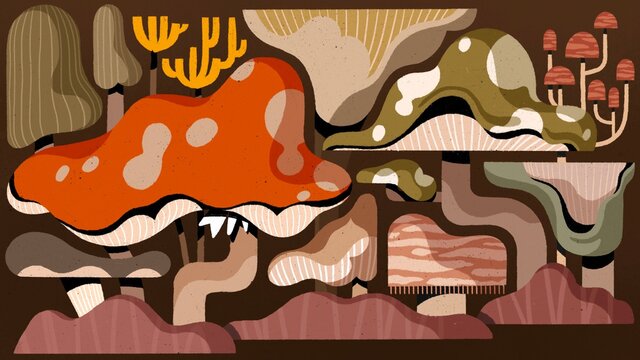 Selection of illustrated mushrooms on dark background