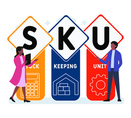 Flat design with people. SKU - Stock Keeping Unit  acronym, business concept background.   Vector illustration for website banner, marketing materials, business presentation, online advertising.