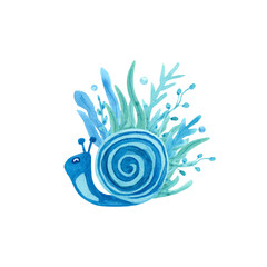 Watercolor composition with a snail and seaweed on white background. Blue and  turquoise colors. Sea animal hand painted illustration. Great for posters, mug decoration, scrapbooking and so on.