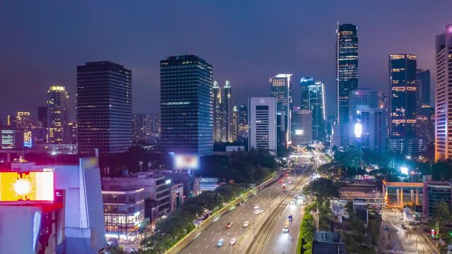 Aerial dolly hyperlapse of busy car traffic in modern city center of Jakarta at night, Motion Time Lapse Hyper Lapse