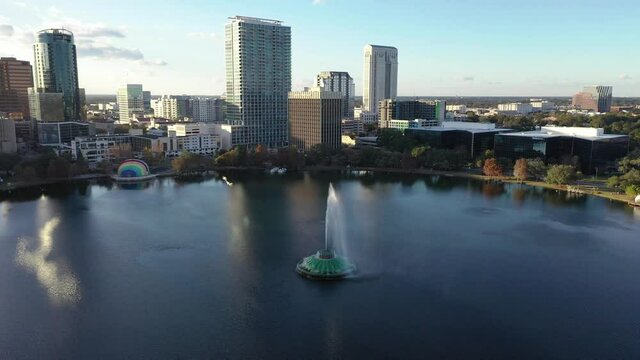 Orlando, Florida, USA - July 15, 2020 : Downtown Orlando; the historic core and central business district of Orlando, Florida. Shot during the COVID Pandemic in July, 2020.