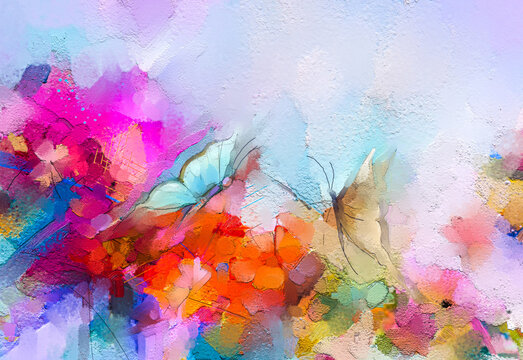 Abstract colorful oil, acrylic painting of butterfly flying over spring flower. Illustration hand paint floral blossom in summer or spring season, nature image for wallpaper or background.