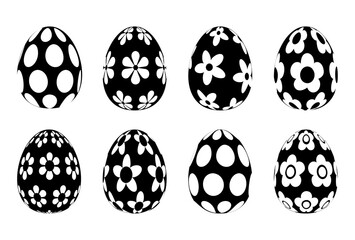 Happy Easter collection. Easter eggs bundle with  flowers ornament. Isolated on white background. Black and white vector Illustration. For spring holiday greeting card, poster, flyer