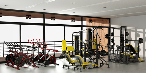 Leeres Fitnesscenter mit vielen Kraftmaschinen