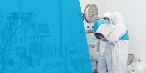 Professional engineering man in sterile cloths and face mask working and control machine in surgical mask factory. industry factory and people concept. indoors. panorama banner