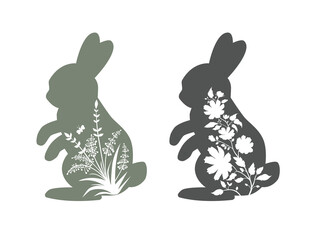 . Floral Bunny Silhouette. Easter vector set. Spring Farmhouse design.