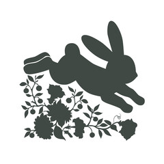 . Floral Running Bunny Silhouette. Easter vector illustration. Spring Farmhouse design.