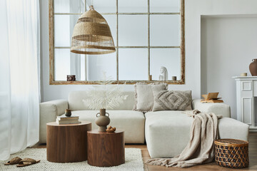 Stylish interior of living room with design modular sofa, furniture, wooden coffee table, rattan...