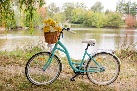 Bicycle with a basket of flowers on the river bank