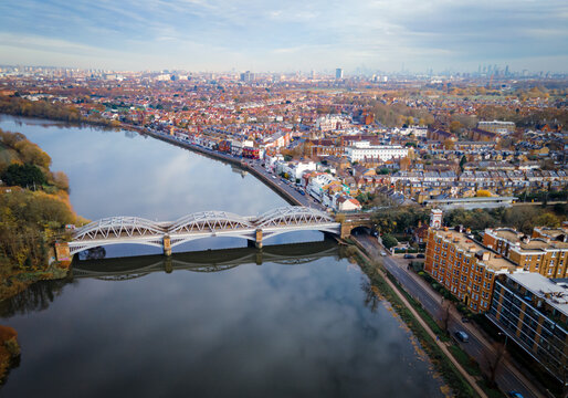 London- Aerial view of Barnes Bridge over the river Thames in south west London © William
