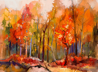Forêt d& 39 automne colorée d& 39 illustration. Image abstraite de la saison d& 39 automne, feuille jaune et rouge sur l& 39 arbre, le champ, le pré, le paysage extérieur. Peinture nature à la peinture à l& 39 huile. Art moderne pour fond d& 39 écran