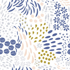 Vector organic seamless abstract background, botanical motif, freehand doodles pattern with stylized flowers, leaves, berries and simple shapes.