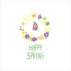 Bright wreath of spring flowers with a birdhouse. Vector illustration