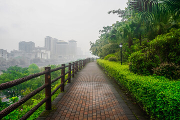 Empty park pedestrian road in China in rainy weather