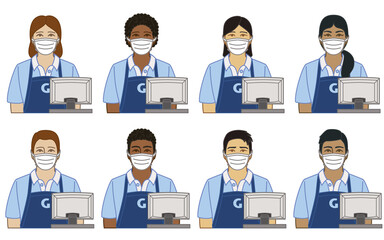 diversity, race, ethnicity of cashier, female and male wearing protective medical massk as concept of essential worker for 2019 novel coronavirus, COVID-19, isolated on white background