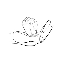 Baby feen in adult hand in one line. Black line vector illustration on white background