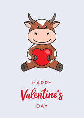 Cute greeting card with a bull, cow or ox, the symbol of the year 2021 in the Chinese or Eastern calendar. Handwritten Text 