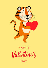 Cute greeting card with a tiger the symbol of the year 2022 in the Chinese or Eastern calendar. Handwritten Text "Happy Valentine's Day".  Vector stock flat illustration