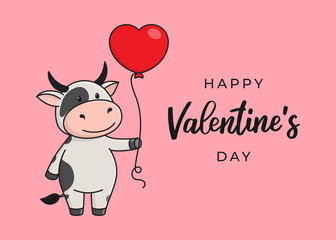 Cute greeting card with a bull, cow or ox, the symbol of the year 2021 in the Chinese or Eastern calendar. Handwritten Text "Happy Valentine's Day".  Vector stock flat illustration