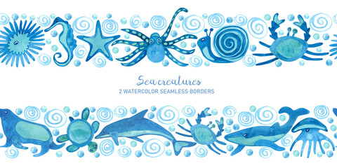 Fototapeta na wymiar Watercolor seamless borders with sea animals on white. Octopus, whale, dolphin, carb, seahorse isolated on white. Blue and turquoise colors. Hand painted illustration.