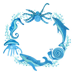 Watercolor hand painted round frame with dolphin, jellyfish, octopus,whale, seaweed isolated on white. Beautiful wreath. Blue and turquoise colors.  Sea animals illustration. Great for poster design.