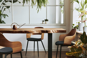 Fototapeta premium Stylish and botany interior of dining room with design craft wooden table, chairs, a lof of plants, window, poster map and elegant accessories in modern home decor. Template.