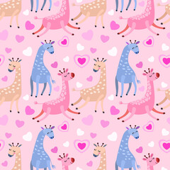 Cute giraffe with heart shape seamless pattern for fabric textile wallpaper.