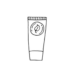 Cream in a tube. Cosmetics. Face and body care products. Vector hand-drawn doodle illustration. Black and white outline	