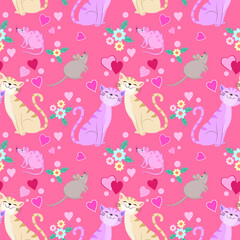 Cute cat and rat with heart shape seamless pattern