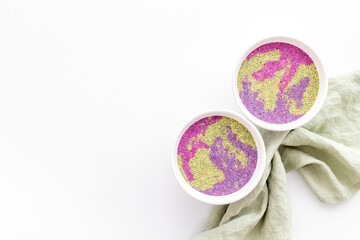 Acai smoothies bowles with chia seeds and superfoods, top view