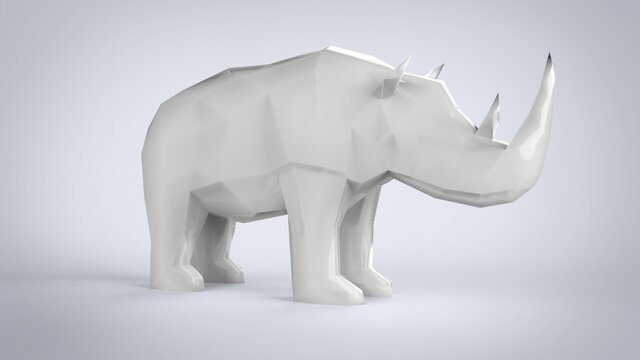 Low poly triangle white rhinoceros animal isoleted on white background 3d rendering image